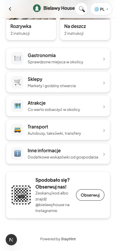 Ekran główny przewodnika: kategorie Gastronomia, Sklepy, Atrakcje i Transport oraz kod QR do profilu na Instagramie