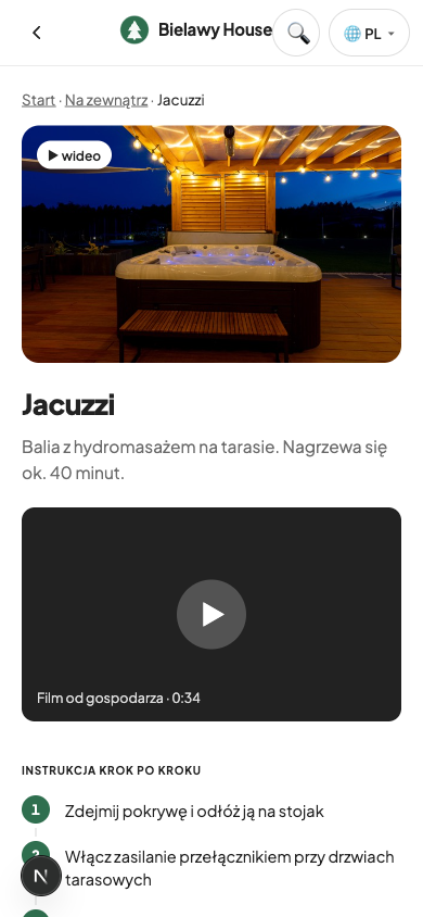 Instrukcja jacuzzi w przewodniku: zdjęcie balii na tarasie, film od gospodarza o długości 0:34 i ponumerowane kroki obsługi